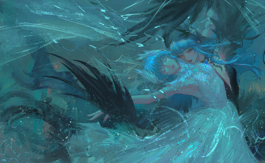 2girls, armlet, black_dress, black_wings, blue_hair, chinese_commentary, closed_eyes, commentary_request