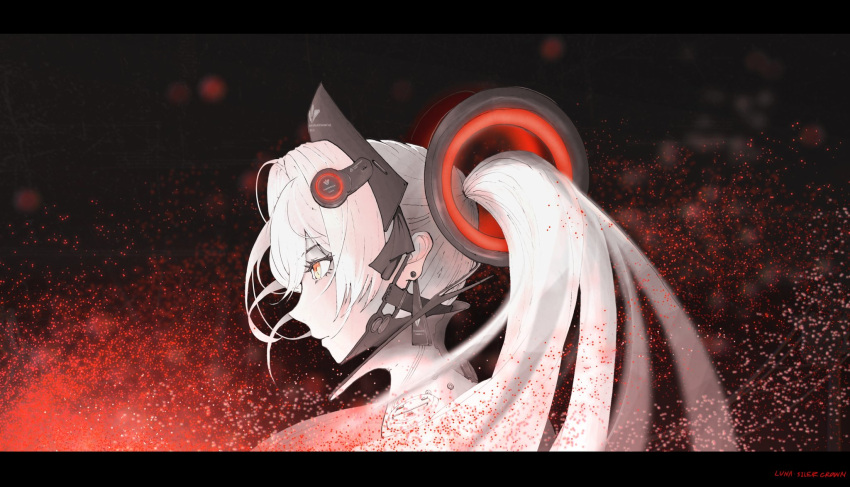 1girl, earrings, floating_hair_ornament, from_side, grey_hair, hair_between_eyes, headgear, highres