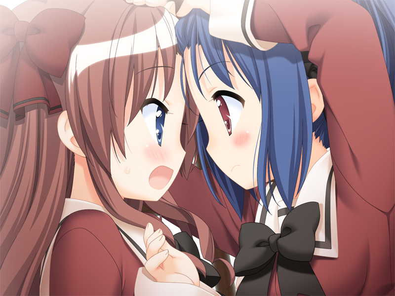 blue_eyes, blue_hair, blush, bow, close-up, embarrassed, eye_contact, forehead_to_forehead, game_cg, hair_bow, hairband, hanahira, hanahira!, hanemura_kaori, long_hair, multiple_girls, open_mouth, peko, pink_eyes, pink_hair, red_eyes, redhead, school_uniform, short_hair, sono_hanabira_ni_kuchizuke_wo, sweatdrop, twintails, yuuki_amane