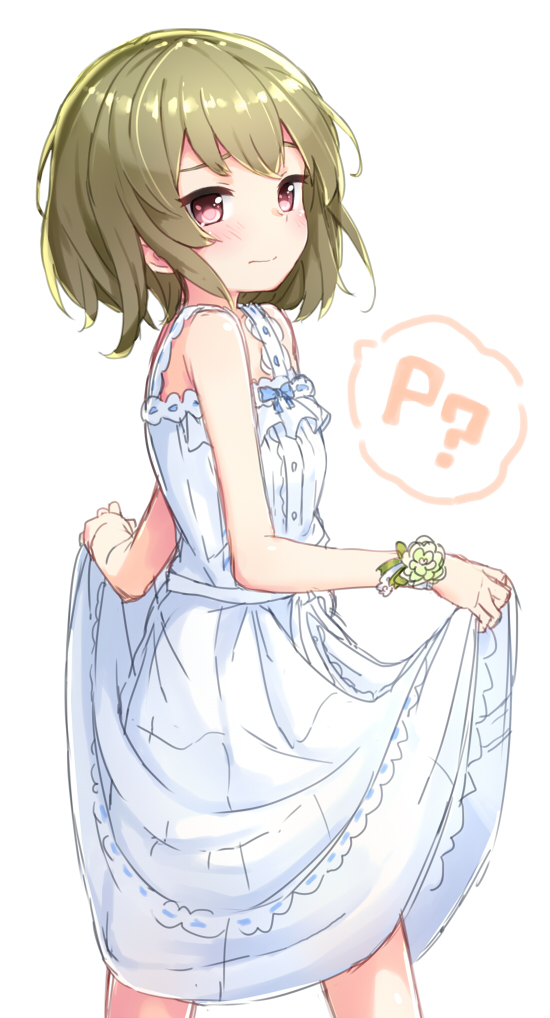 1girl, ?, bare_shoulders, blue_ribbon, blush, breasts, closed_mouth, cowboy_shot