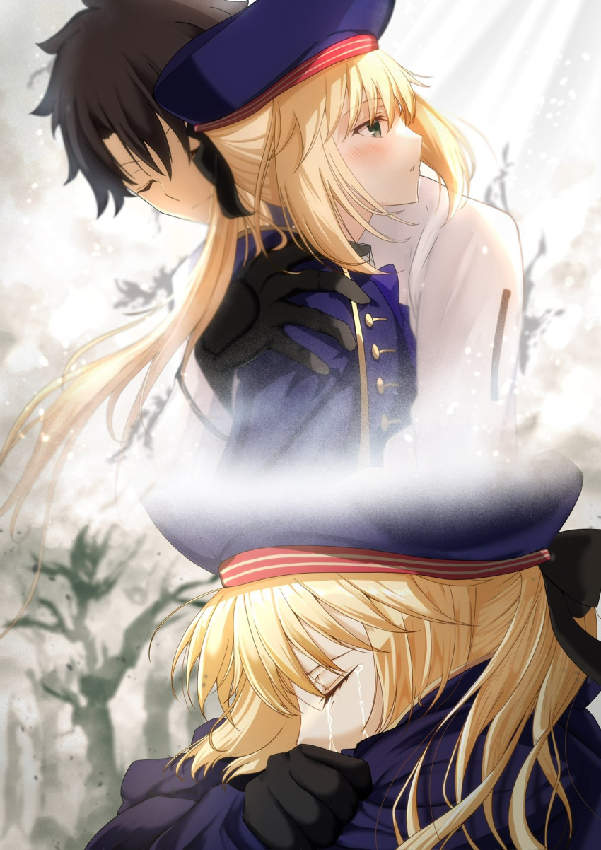 1boy, 1girl, artoria_caster_(fate), artoria_caster_(second_ascension)_(fate), artoria_pendragon_(fate), black_gloves, black_hair, black_ribbon