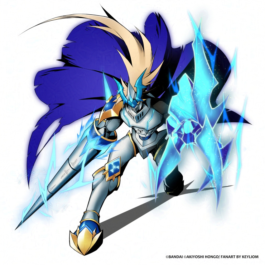 alternate_costume, armor, aura, blonde_hair, blue_cape, cape, digimon, dukemon, electricity, full_body, highres, holding, holding_polearm, holding_weapon, keyliom, knight, long_hair, polearm, shoulder_armor, simple_background, spikes, torn_cape, torn_clothes, weapon, white_armor, white_background