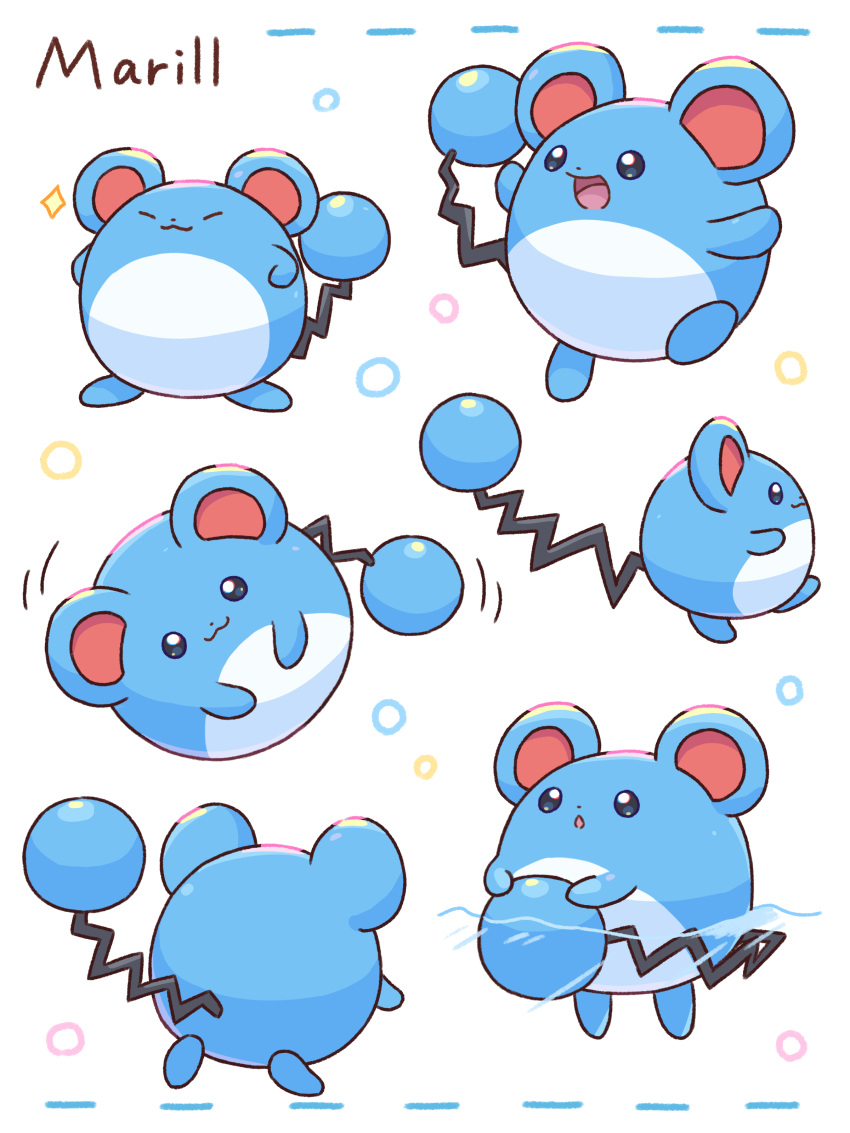 :3, absurdres, bubble, character_name, closed_eyes, closed_mouth, from_behind, from_side, full_body, highres, looking_at_viewer, marill, multiple_views, neko_gyoza, no_humans, open_mouth, partially_submerged, pokemon, pokemon_(creature), simple_background, smile, swimming, watermark