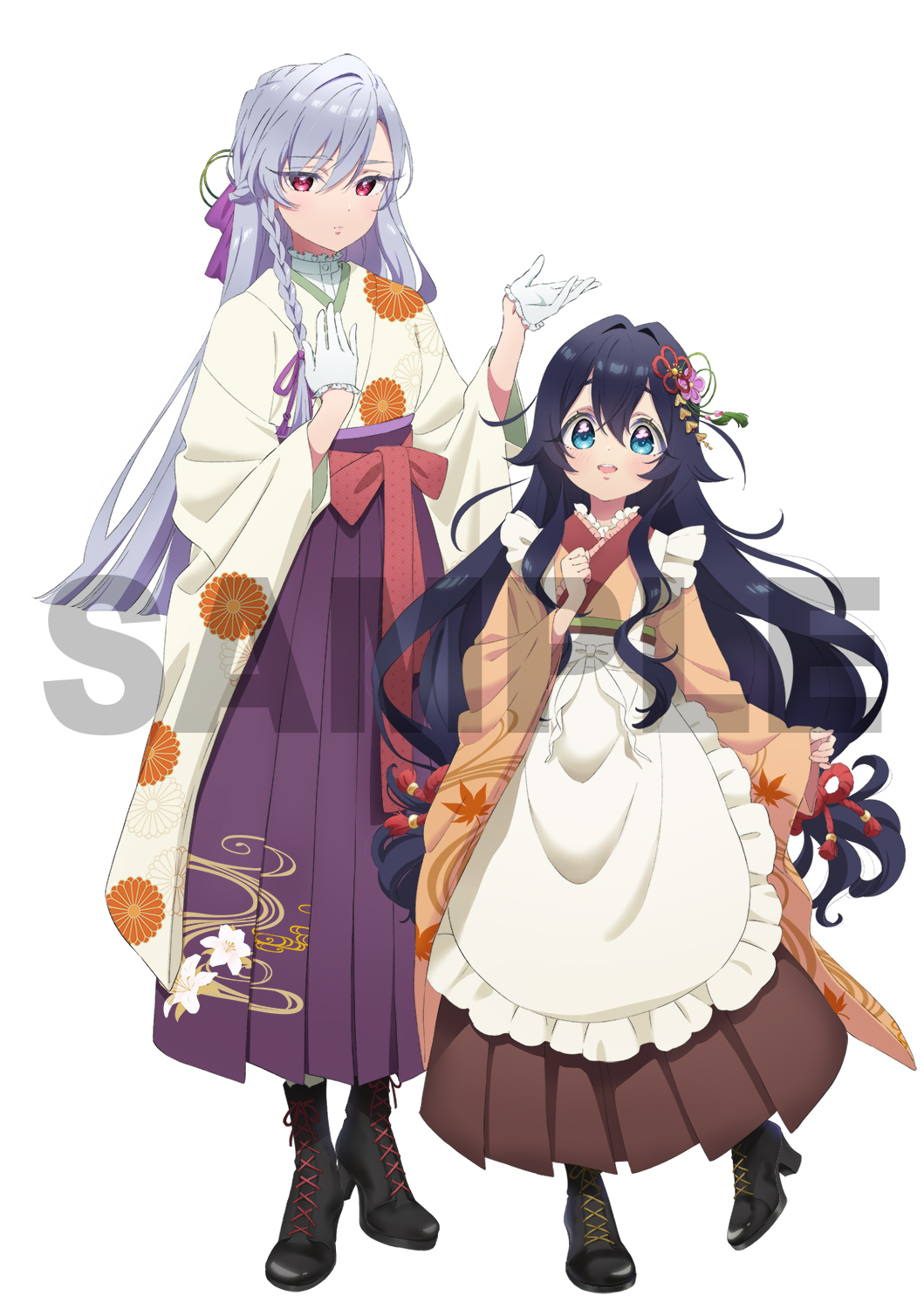 2girls, :d, ankle_boots, apron, artist_request, beckoning, black_footwear, blue_eyes