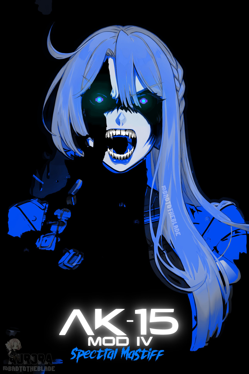 1girl, absurdres, ak-15, ak-15_(girls'_frontline), artificial_eye, assault_rifle, badtotheblade, cyberpunk