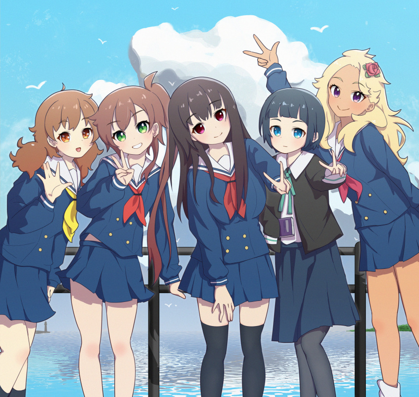 5girls, absurdres, bird, black_hair, black_pantyhose, black_socks, black_thighhighs, blonde_hair