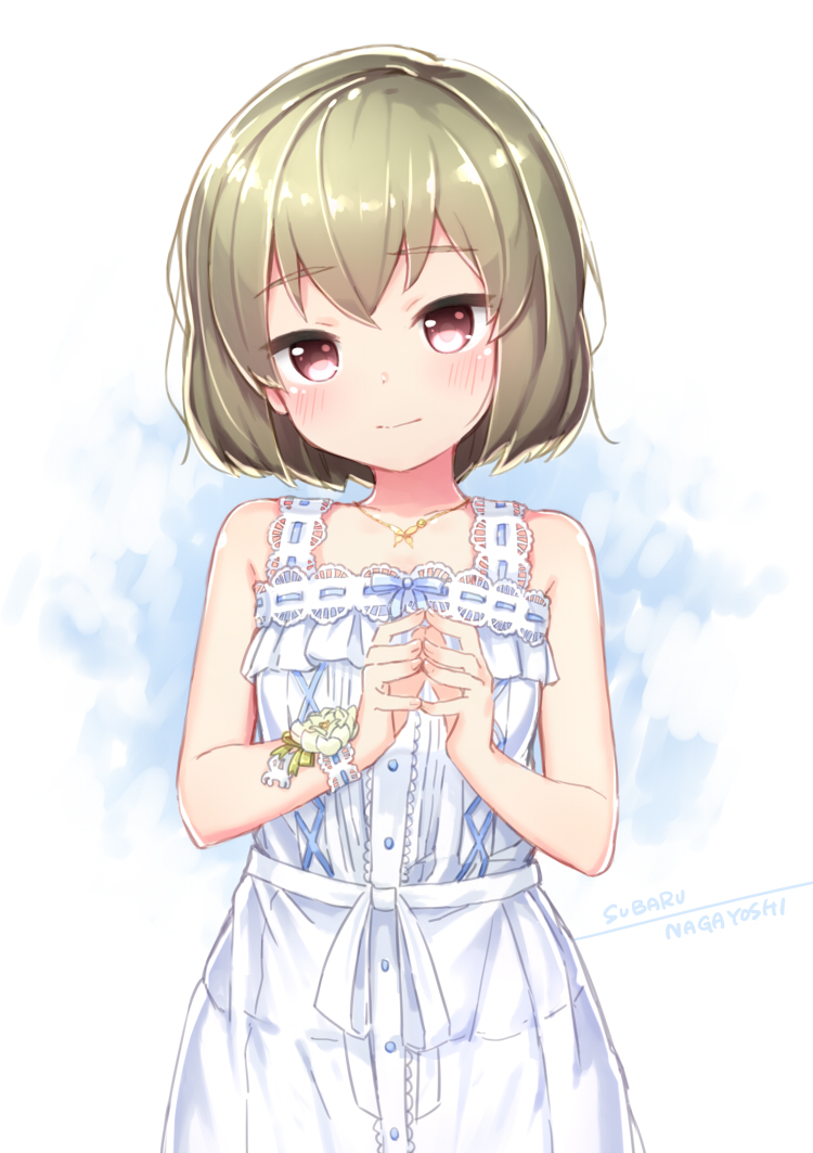 1girl, bare_shoulders, breasts, character_name, collarbone, cowboy_shot, double-parted_bangs, dress