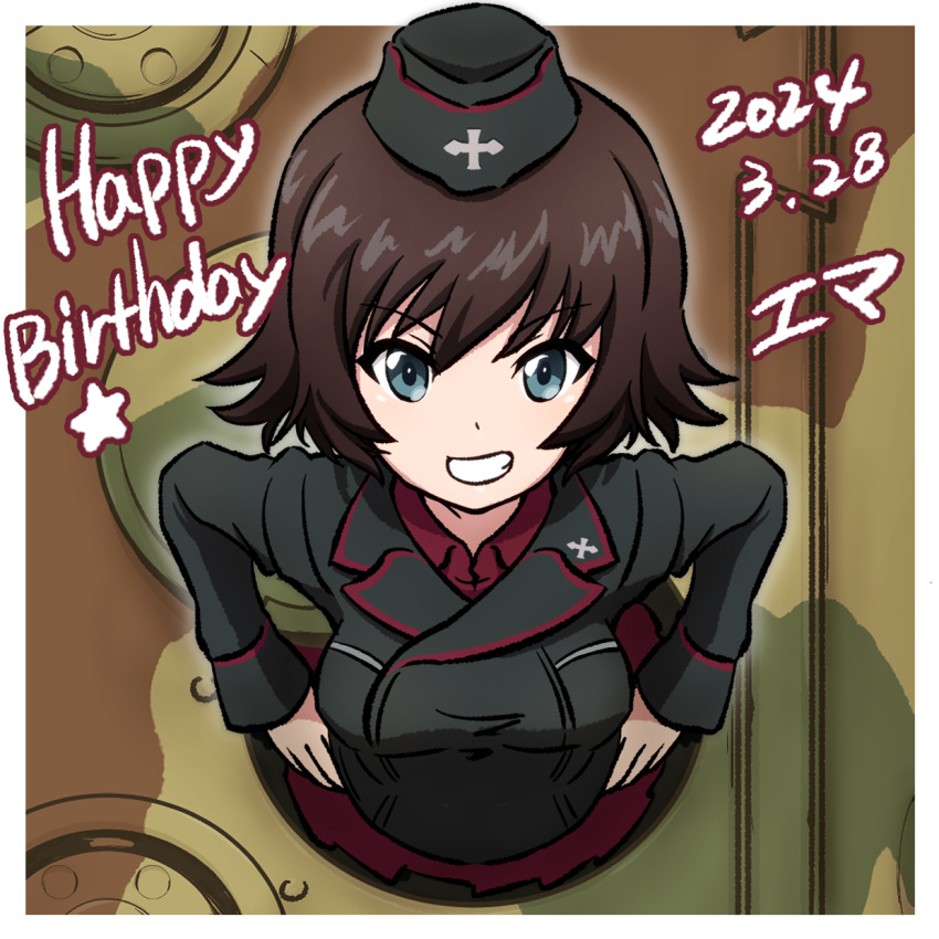 1girl, black_hat, black_jacket, blue_eyes, camouflage, character_name, commentary, dated