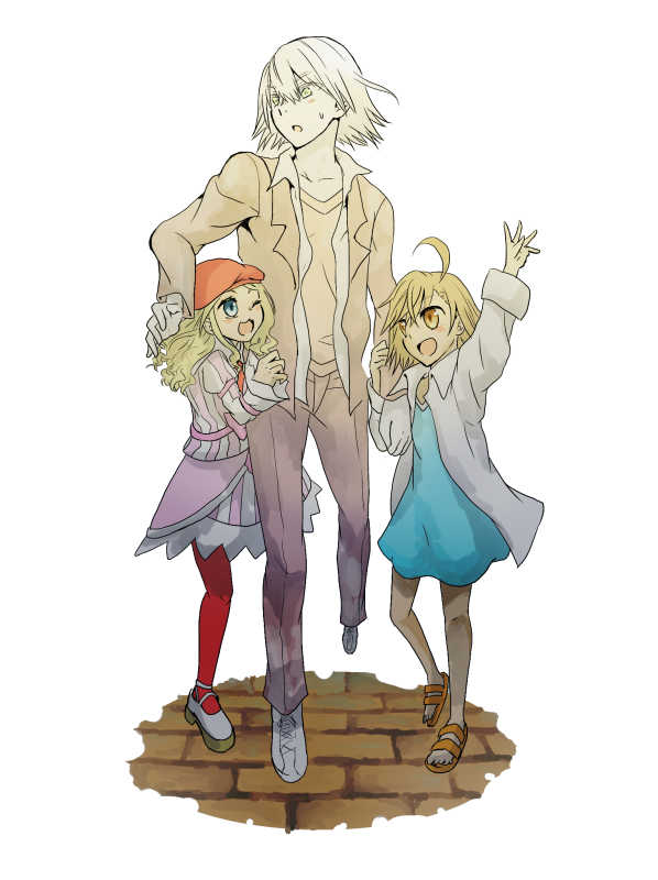 1boy, 2girls, :3, :d, age_difference, ahoge, arm_up, beetle_05_(toaru), beret, blonde_hair, blue_dress, blue_eyes, brick_floor, brown_eyes, brown_hair, child, collared_shirt, colored_skin, commentary_request, dress, fremea_seivelun, full_body, green_eyes, grey_pants, grey_shirt, happy, hat, height_difference, jacket, kakine_teitoku, kakine_teitoku_(dark_matter), last_order_(toaru_majutsu_no_index), light_blush, light_brown_hair, long_hair, long_sleeves, medium_hair, multiple_girls, open_clothes, open_jacket, open_mouth, open_shirt, orange_footwear, oversized_clothes, oversized_shirt, pants, pink_dress, roro_(youhukuya), sandals, shirt, shoes, short_dress, simple_background, smile, sweatdrop, toaru_majutsu_no_index, toaru_majutsu_no_index:_new_testament, walking, wavy_hair, white_background, white_footwear, white_hair, white_shirt, white_skin