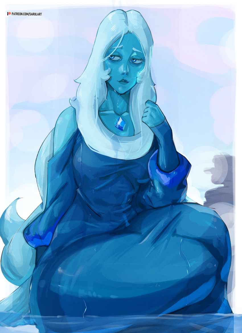 1girl, absurdres, bare_shoulders, blue_diamond_(steven_universe), blue_dress, blue_eyes, blue_hair, blue_skin