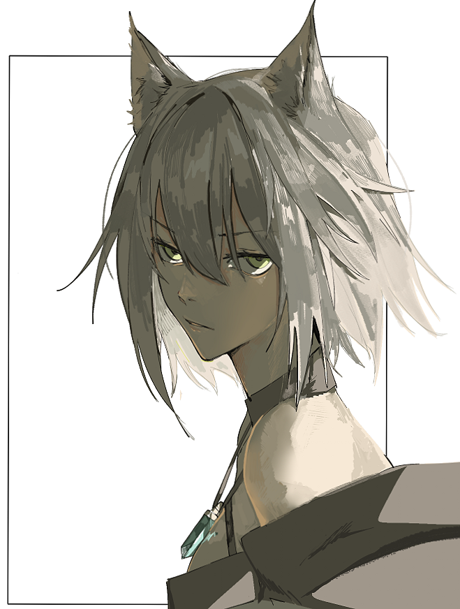 1girl, animal_ears, arknights, blue_gemstone, border, cat_ears, commentary, english_commentary, from_side, gem, glaring, green_eyes, grey_hair, hair_between_eyes, hamha_s, jewelry, kal'tsit_(arknights), looking_at_viewer, necklace, off_shoulder, outside_border, parted_lips, portrait, short_hair, simple_background, solo, v-shaped_eyebrows, white_background
