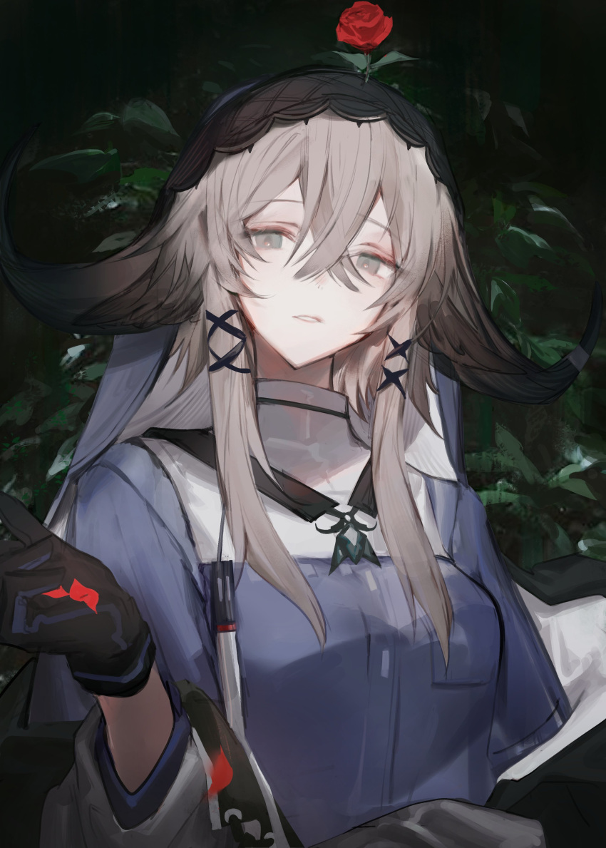 1girl, absurdres, animal_ears, arknights, black_gloves, black_jacket, black_veil, blue_shirt