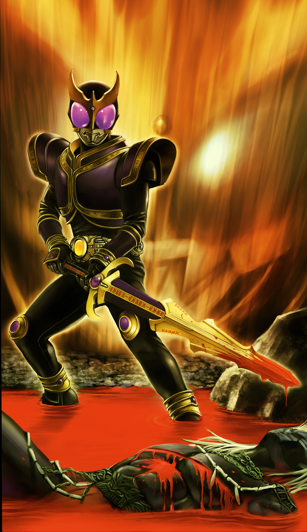 belt, blood, go-jaraji-da, highres, kamen_rider, kamen_rider_kuuga, kamen_rider_kuuga_(series), sword, weapon, yusao
