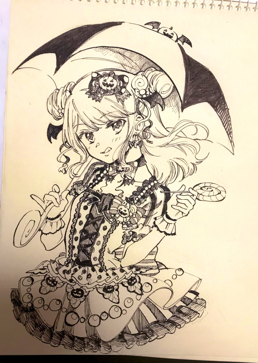 1girl, bat_wings, beads, blush_stickers, bow_choker, candy, candy_earrings, center_frills