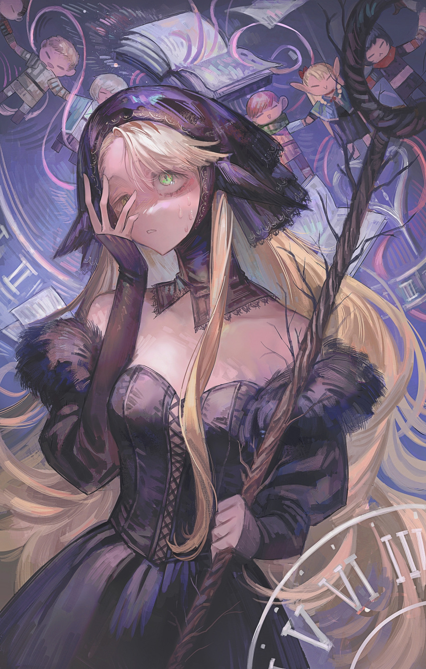 1girl, =_=, absurdres, ambrosia_(dungeon_meshi), bare_shoulders, black_dress, black_hat, blonde_hair