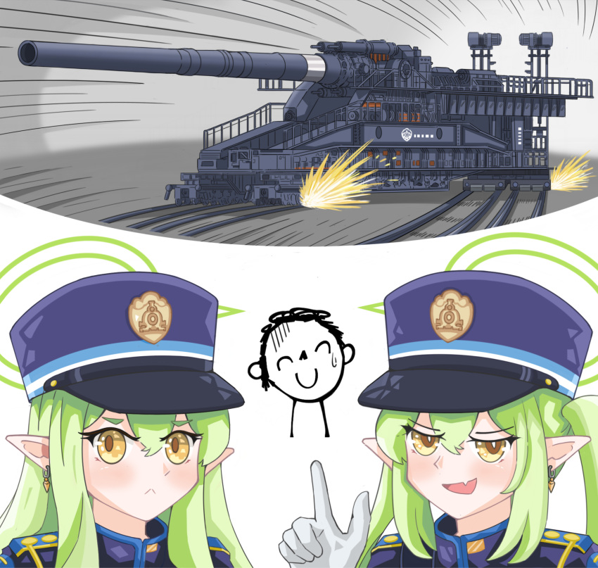 1boy, 2girls, :d, artillery, blue_archive, commentary, dangle_earrings, densha_de_d