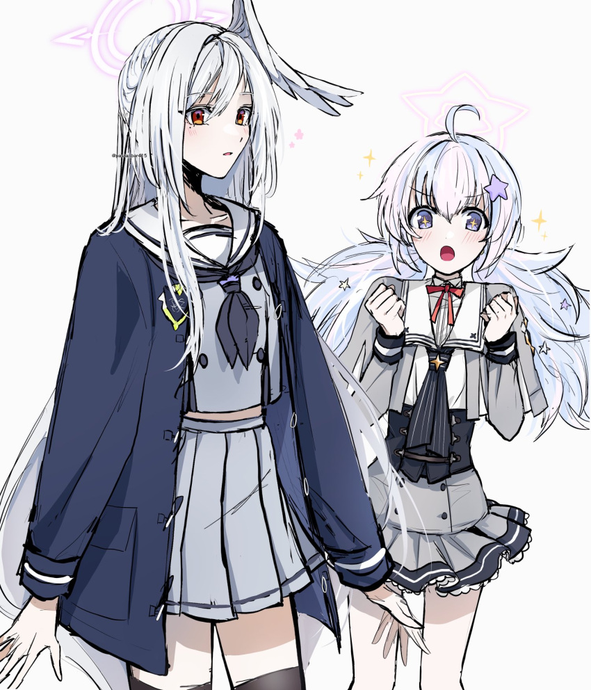2girls, ahoge, black_neckerchief, black_thighhighs, blue_archive, blush, clenched_hands, cosplay