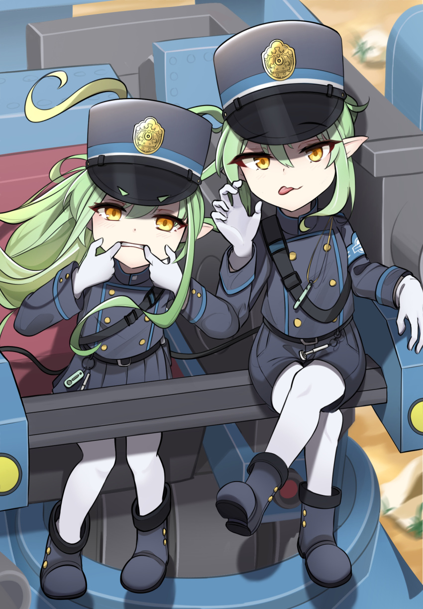 2girls, ankle_boots, belt, black_belt, black_footwear, black_hat, black_jacket, black_shorts, black_skirt, black_tail, blue_archive, boots, crossed_legs, gloves, green_hair, hat, highres, hikari_(blue_archive), jacket, long_hair, long_sleeves, looking_at_viewer, mouth_pull, multiple_girls, nezumin, nozomi_(blue_archive), outdoors, pantyhose, peaked_cap, pleated_skirt, roller_coaster, shoe_soles, shorts, sitting, skirt, strap, tail, tongue, tongue_out, white_gloves, white_pantyhose, wind, yellow_eyes