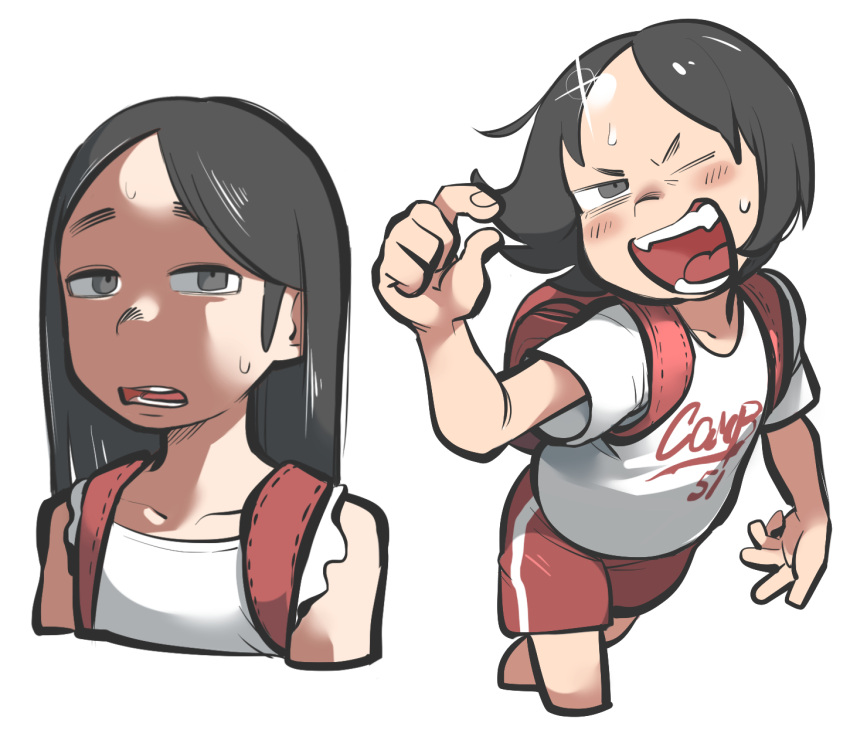 2girls, backpack, bag, black_hair, blush, collarbone, cropped_legs, cropped_torso