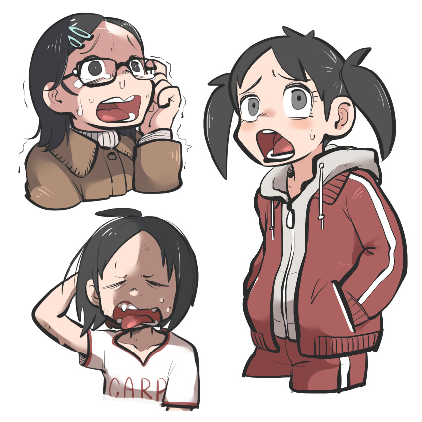 3girls, arm_behind_head, black_eyes, black_hair, brown_coat, closed_eyes, coat, cropped_legs