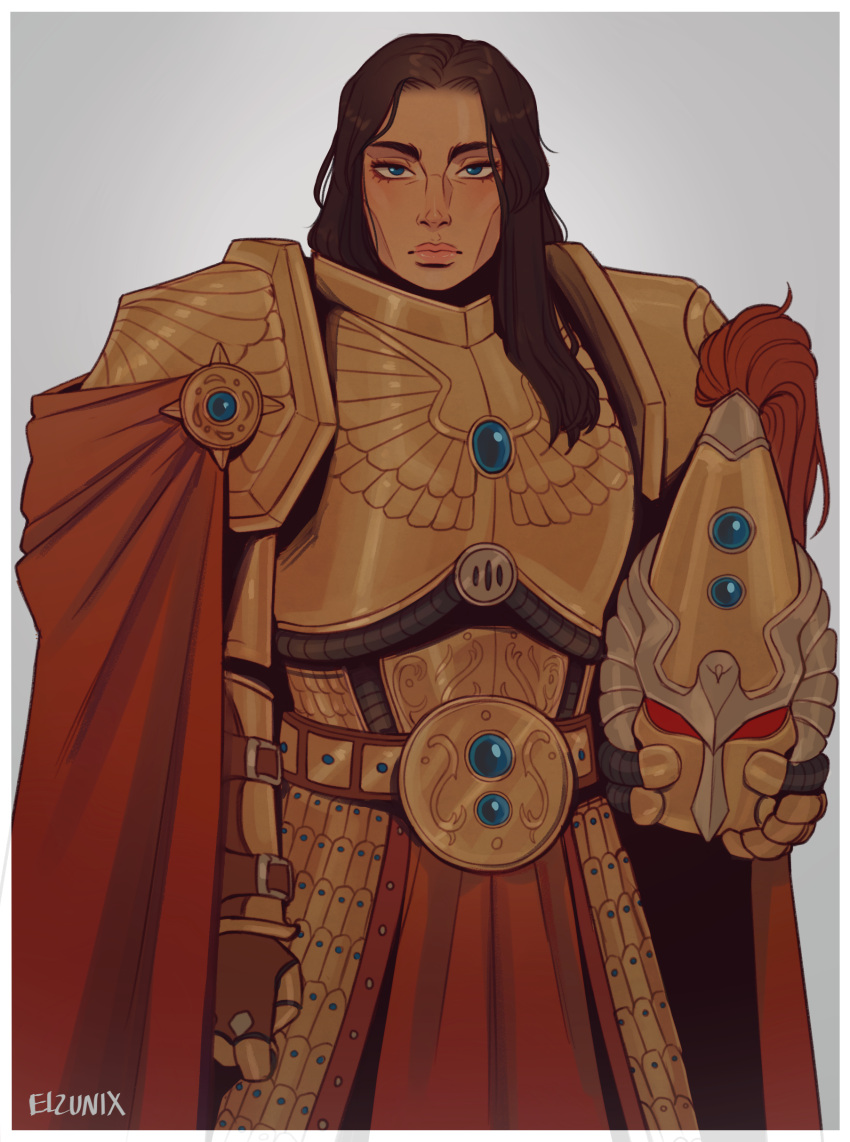 1girl, absurdres, adeptus_custodes, armor, belt, blue_eyes, brown_hair, cape, elzunix, frown, gloves, helmet, highres, holding, holding_helmet, long_hair, looking_at_viewer, plume, power_armor, scale_armor, signature, skirt, solo, warhammer_40k