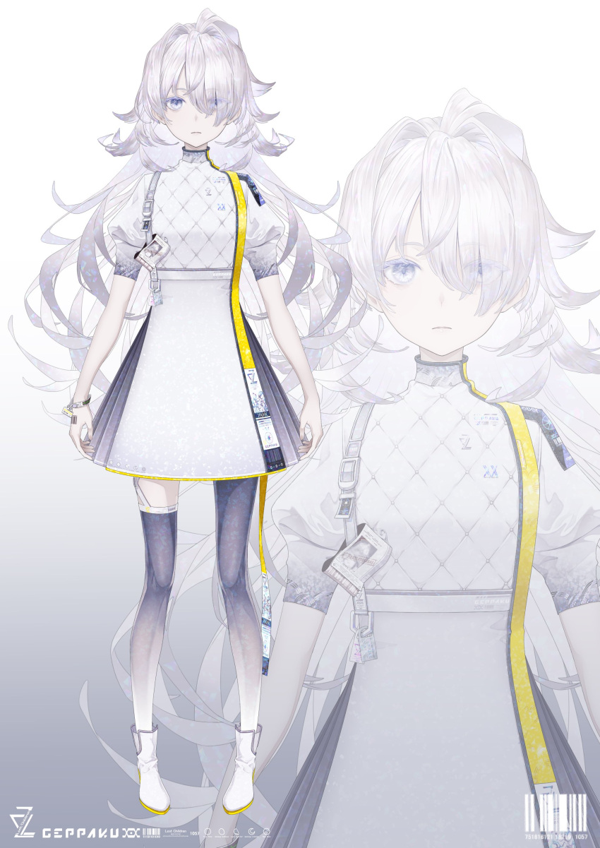 1girl, absurdres, asymmetrical_legwear, blue_eyes, bouno_satoshi, character_name, commentary_request, dress