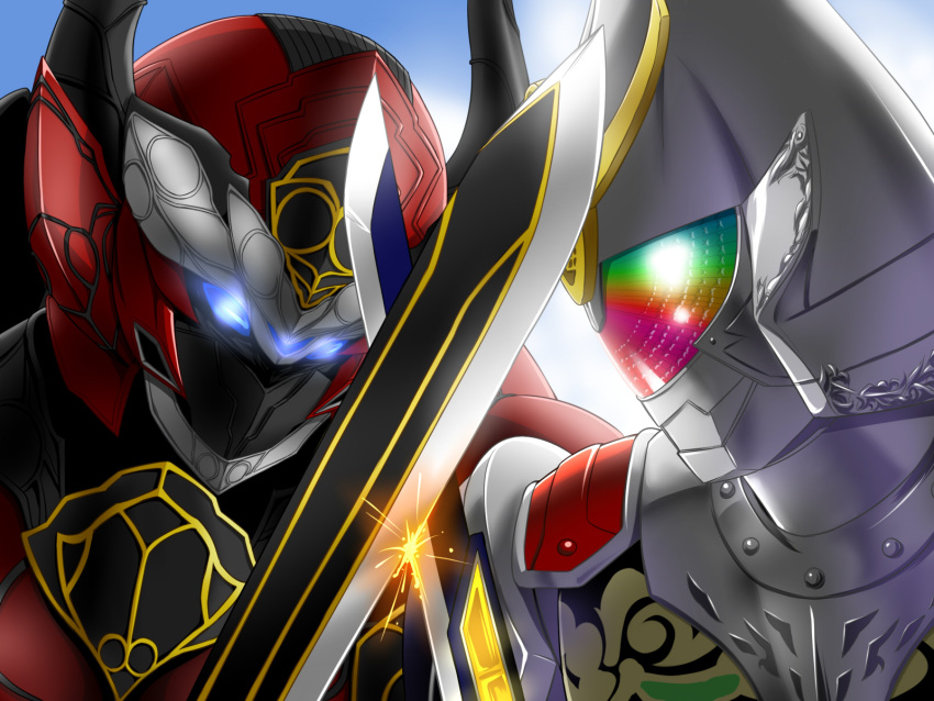 adapted_costume, alternate_costume, armor, belt, blue_eyes, cape, clenched_hand, commentary, commentary_request, dj_gun, dual_wielding, food, fruit, full_armor, gate_of_babylon_(fate), gauntlets, headpiece, helmet, highres, holding, holding_sword, holding_weapon, horns, inves, japanese_armor, kamen_rider, kamen_rider_gaim, kamen_rider_gaim_(kiwami_arms), kamen_rider_gaim_(series), kouga_(hipporit), kumon_kaito, lord_baron, male_focus, monster, monster_boy, monsterification, parody, pauldrons, polearm, red_cape, rivalry, rivals, sengoku_driver, shield, shogun, shoulder_armor, solo, spear, sunlight, sword, tokusatsu, visor_(armor), weapon, zipper