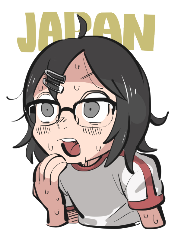 1girl, black_hair, blush, cropped_arm, cropped_torso, english_text, glasses, grey_eyes