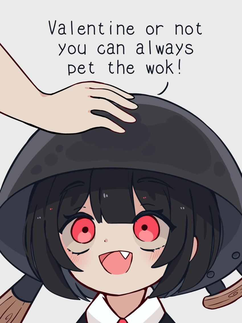 1girl, 1other, :d, absurdres, black_hair, black_sweater, blush, bob_cut, close-up, collared_shirt, commentary, dress_shirt, english_commentary, english_text, fang, hair_between_eyes, headpat, highres, looking_at_viewer, looking_up, mai_(melonbread), melonbread, necktie, open_mouth, original, portrait, pot_on_head, pov, pov_hands, raised_eyebrows, red_eyes, red_necktie, school_uniform, shirt, short_hair, simple_background, smile, solo_focus, sweater, upturned_eyes, valentine, white_background, white_shirt, wok