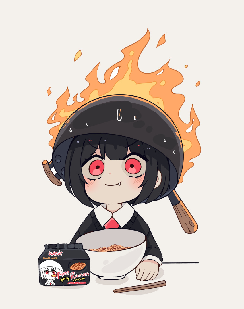 1girl, absurdres, black_hair, black_sweater, bob_cut, bowl, burning, chopsticks