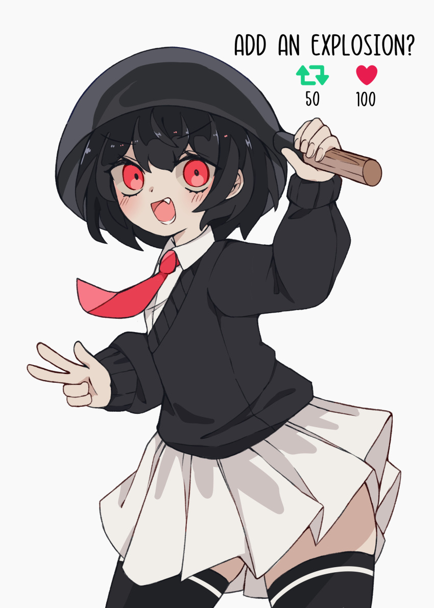 1girl, :d, absurdres, adjusting_clothes, adjusting_headwear, black_hair, black_sweater, black_thighhighs