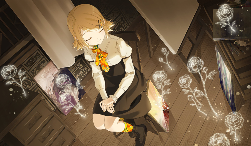 1girl, 25-ji_rin, absurdres, alternate_costume, armband, black_armband, black_footwear, black_skirt, blonde_hair, bon_bon_eee, canvas_(object), chair, closed_eyes, collared_shirt, commentary_request, drawer, easel, flower, from_above, glowing_flower, hair_ornament, hairclip, hands_on_lap, high-waist_skirt, highres, kagamine_rin, kneehighs, knowing_the_unseen_(project_sekai), light_particles, long_sleeves, multicolored_necktie, multicolored_socks, necktie, on_chair, paintbrush, painting_(object), project_sekai, puffy_sleeves, shirt, short_hair, skirt, smile, socks, swept_bangs, vocaloid, white_shirt, wooden_floor, yellow_nails