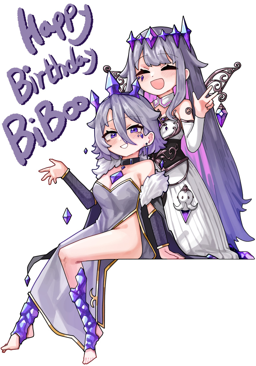 2girls, absurdres, chest_jewel, circlet, colored_inner_hair, dress, earrings, gem, grey_hair, highres, hololive, hololive_english, jadea5124, jewel_under_eye, jewelry, koseki_bijou, koseki_bijou_(1st_costume), long_hair, looking_at_viewer, material_growth, momseki_(koseki_bijou), multicolored_hair, multiple_girls, purple_gemstone, purple_hair, short_hair, smile, very_long_hair, violet_eyes, virtual_youtuber, white_background, white_dress