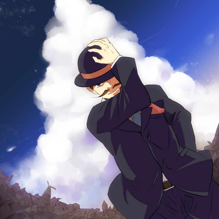 1boy, areri, arm_behind_back, arm_up, black_hat, black_jacket, buttons, closed_mouth