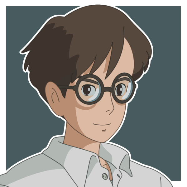 1boy, black-framed_eyewear, border, brown_eyes, brown_hair, buttons, closed_mouth, collared_shirt, commentary_request, dozeu_(twelfth_night), glasses, grey_shirt, horikoshi_jirou, kaze_tachinu, looking_at_viewer, male_focus, open_collar, outline, outside_border, portrait, round_eyewear, shirt, short_hair, simple_background, smile, solo, white_border, white_outline