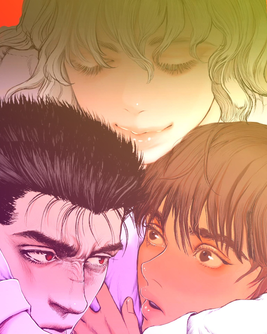 1girl, 2boys, berserk, black_hair, brown_eyes, brown_hair, casca_(berserk), commentary_request