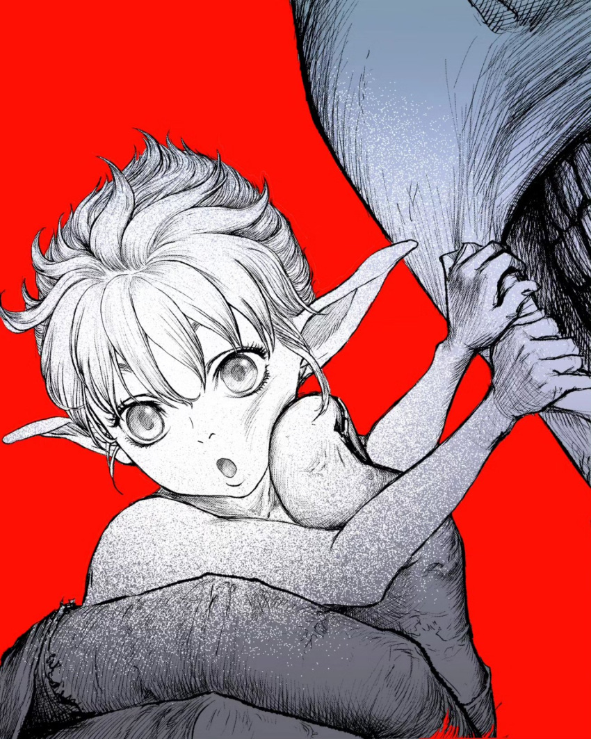 2boys, berserk, clenched_teeth, commentary, greyscale_with_colored_background, highres, holding, male_focus