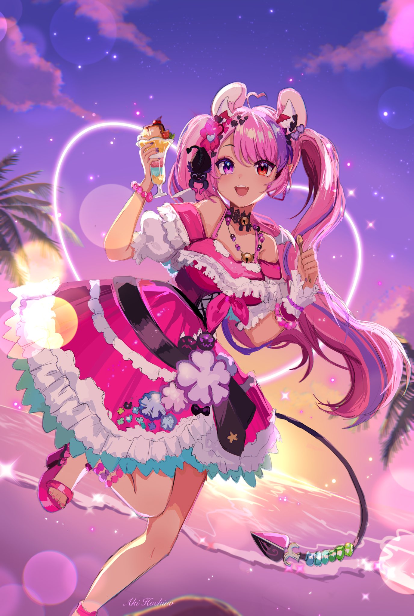 1girl, ahoge, aki_hoshino, animal_ears, artist_name, beach, bead_anklet, bead_bracelet, bead_necklace, beads, bell, bracelet, bubi_(ironmouse), choker, creature_on_head, demon_girl, demon_horns, demon_tail, dress, fang, food, frilled_dress, frilled_sleeves, frilled_wrist_cuffs, frills, heart, heart_ahoge, heterochromia, highres, holding, holding_food, holding_spoon, horns, ironmouse, jewelry, jingle_bell, lace, lace_choker, leg_up, lens_flare, long_hair, looking_at_viewer, mouse_ears, multicolored_hair, necklace, off-shoulder_dress, off_shoulder, official_alternate_costume, open_mouth, palm_tree, parfait, pink_dress, pink_eyes, pink_footwear, pink_hair, pink_nails, platform_footwear, pointy_ears, pudding, puffy_short_sleeves, puffy_sleeves, purple_hair, purple_nails, red_eyes, sandals, short_sleeves, skin_fang, smile, solo, sparkle, spoon, streaked_hair, sunset, tail, tan, teeth, tree, twintails, upper_teeth_only, very_long_hair, vshojo, white_horns, wrist_cuffs