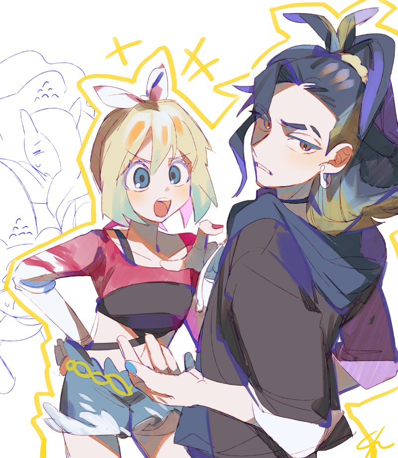 1boy, 1girl, adaman_(pokemon), adaman_(special_costume)_(pokemon), black_choker, blonde_hair, blue_eyes, blue_hair