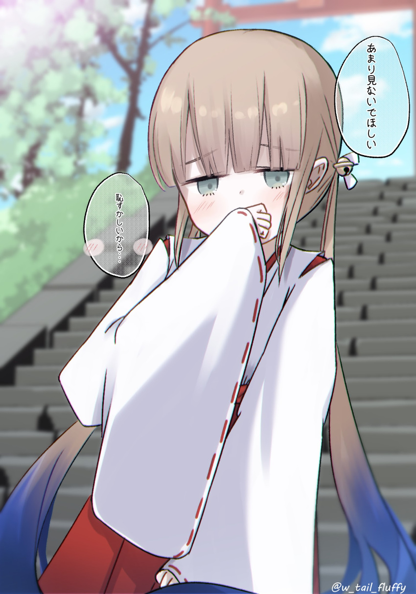 1boy, artist_name, bell, blue_hair, blush, brown_hair, covering_own_mouth, crossdressing