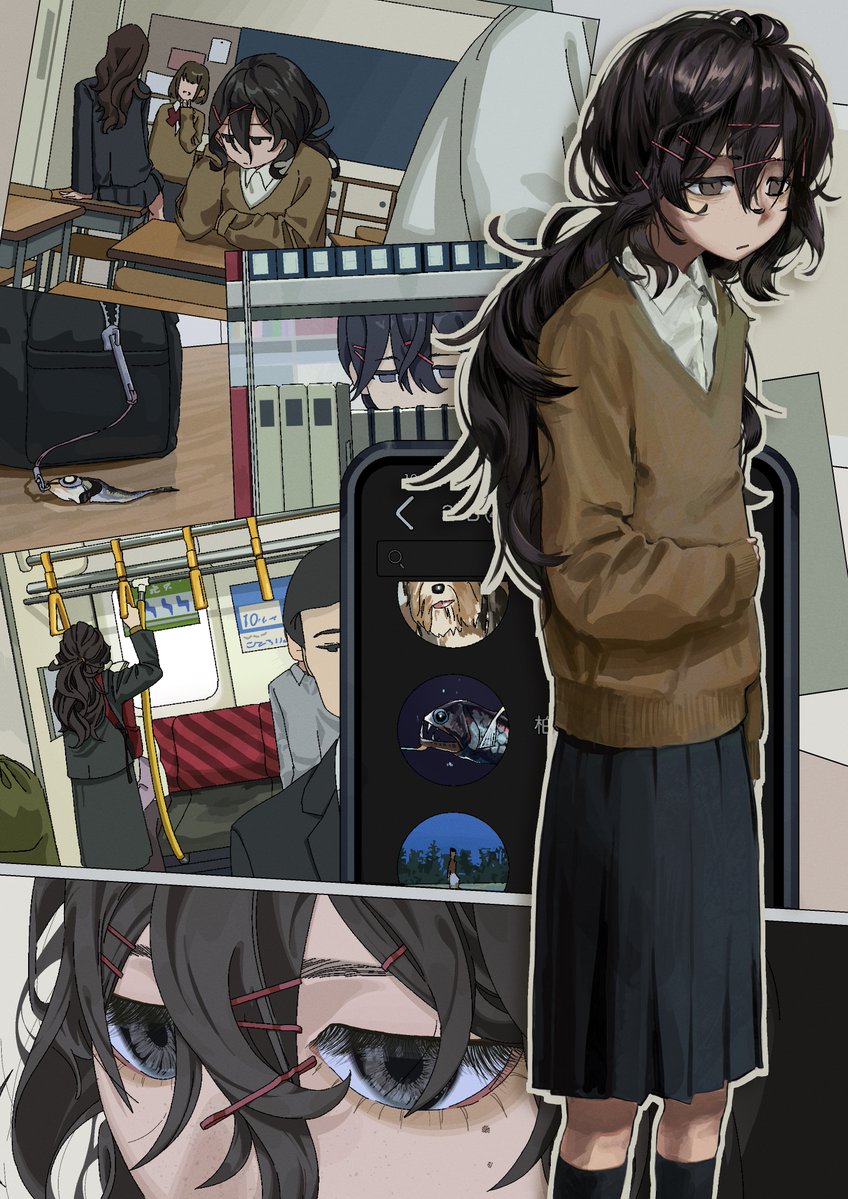 1boy, 3girls, arm_at_side, bag_charm, bench, black_bag, black_eyes, black_hair, black_jacket, black_skirt, black_socks, blazer, book, bookshelf, bow, bowtie, brown_eyes, brown_sweater, cellphone, chair, charm_(object), classroom, close-up, closed_mouth, collared_shirt, commentary, desk, dress_shirt, dutch_angle, expressionless, eye_focus, flat_chest, hair_between_eyes, hair_ornament, hairclip, half-closed_eyes, hand_grip, hand_on_own_stomach, holding_hand_grip, jacket, jitome, kneehighs, library, long_bangs, long_hair, long_skirt, long_sleeves, loose_hair_strand, messy_hair, mole, mole_under_eye, multiple_girls, multiple_views, on_chair, original, outline, phone, pleated_skirt, ponytail, red_bow, red_bowtie, school_chair, school_desk, school_uniform, shirt, short_hair, sitting, skinny, skirt, smartphone, socks, solo_focus, standing, sweater, tachibana_tsu, train_interior, wavy_hair, white_outline, white_shirt