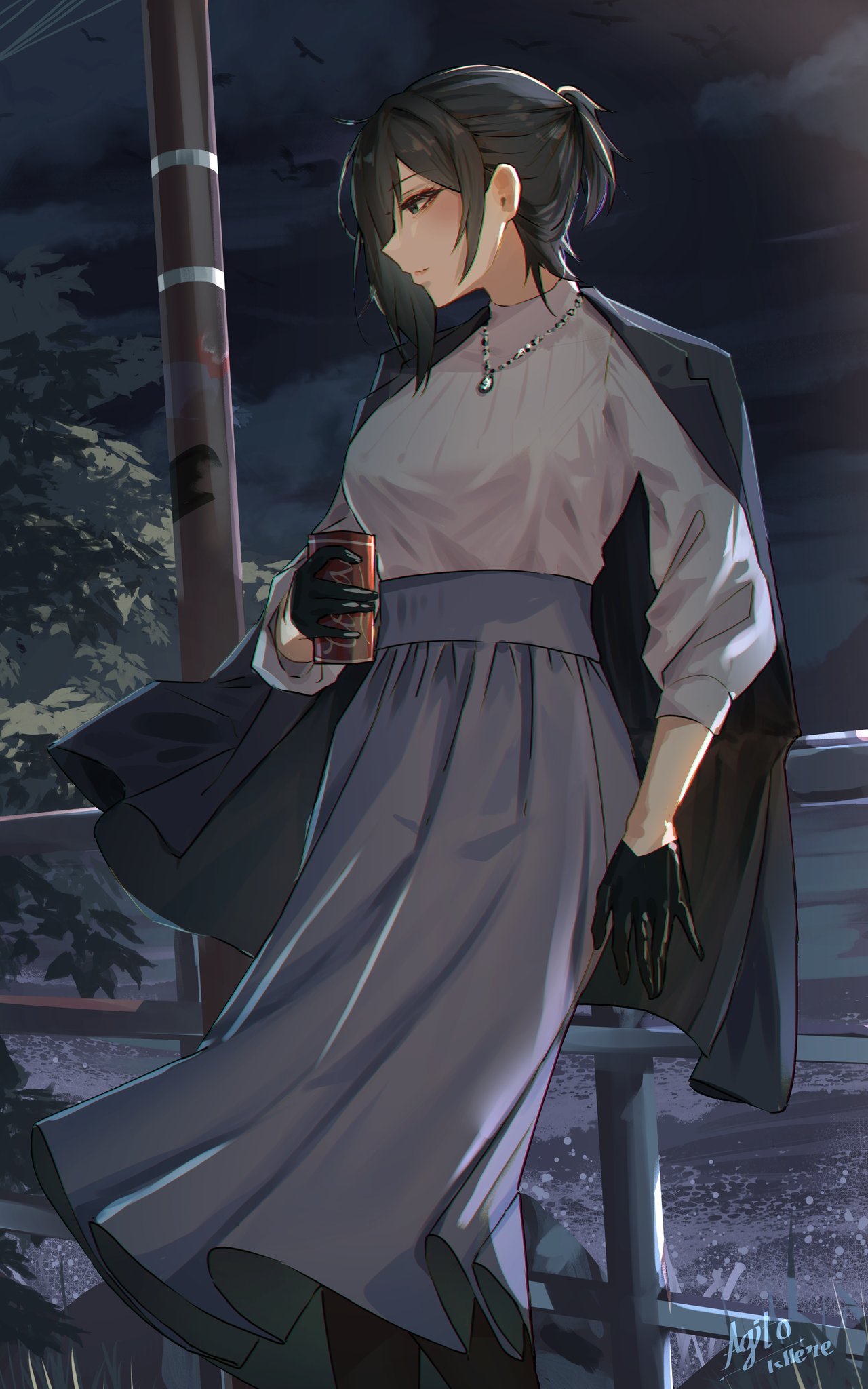 1girl, against_railing, agito_(agitoishere), black_hair, blue_eyes, blue_skirt, can, commentary_request
