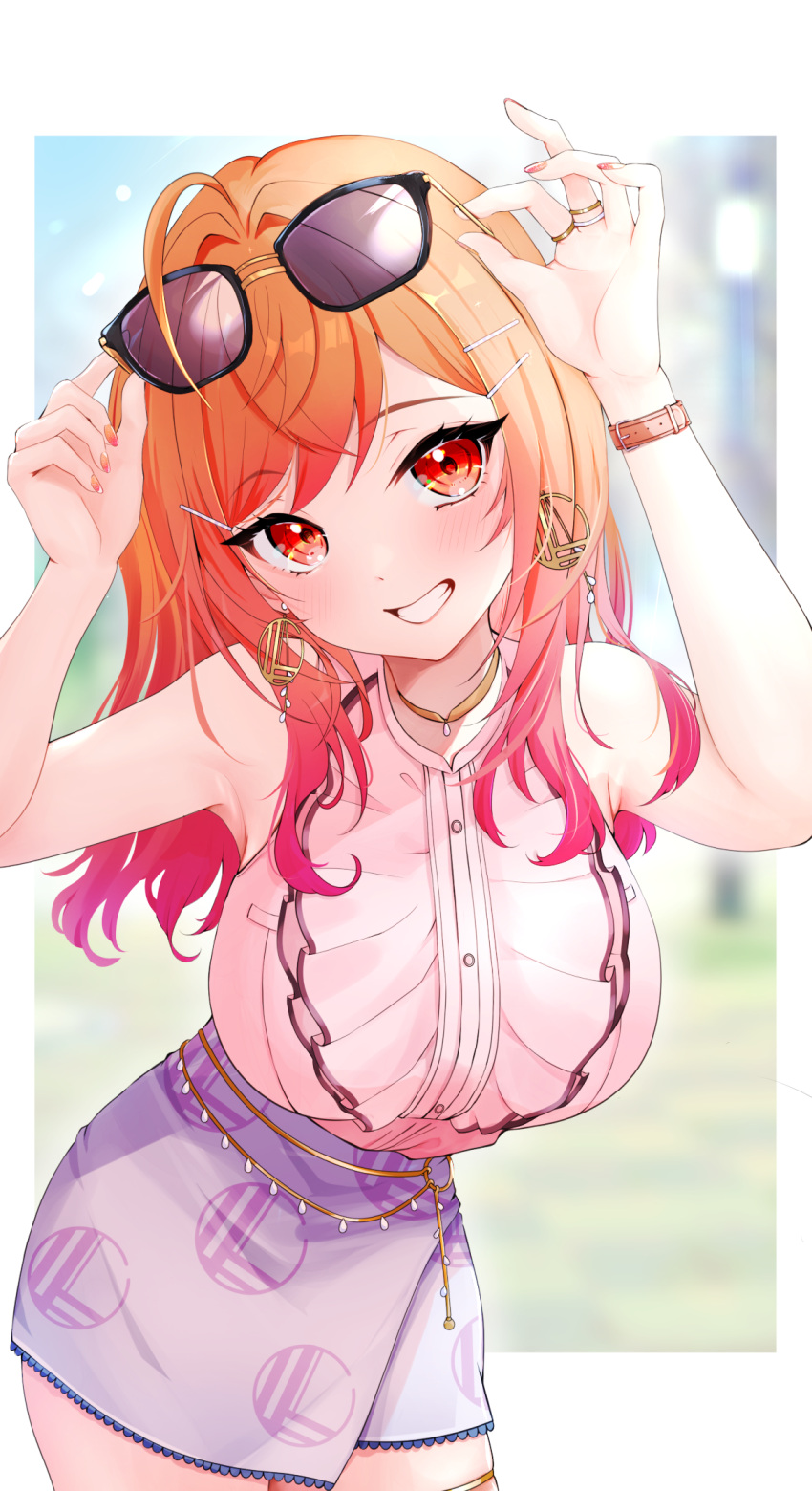 1girl, ahoge, breasts, center_frills, earrings, eyewear_on_head, frills, highres, hololive, hololive_dev_is, ichijou_ririka, jewelry, kakapo_green, large_breasts, long_hair, orange_eyes, orange_hair, orange_nails, pink_shirt, purple_skirt, ring, shirt, skirt, sleeveless, sleeveless_shirt, sunglasses, virtual_youtuber, watch, watch