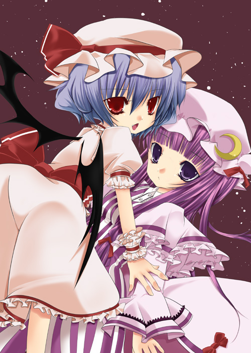 bat_wings, blue_hair, hat, ichiru_(artist), long_hair, multiple_girls, patchouli_knowledge, purple_eyes
