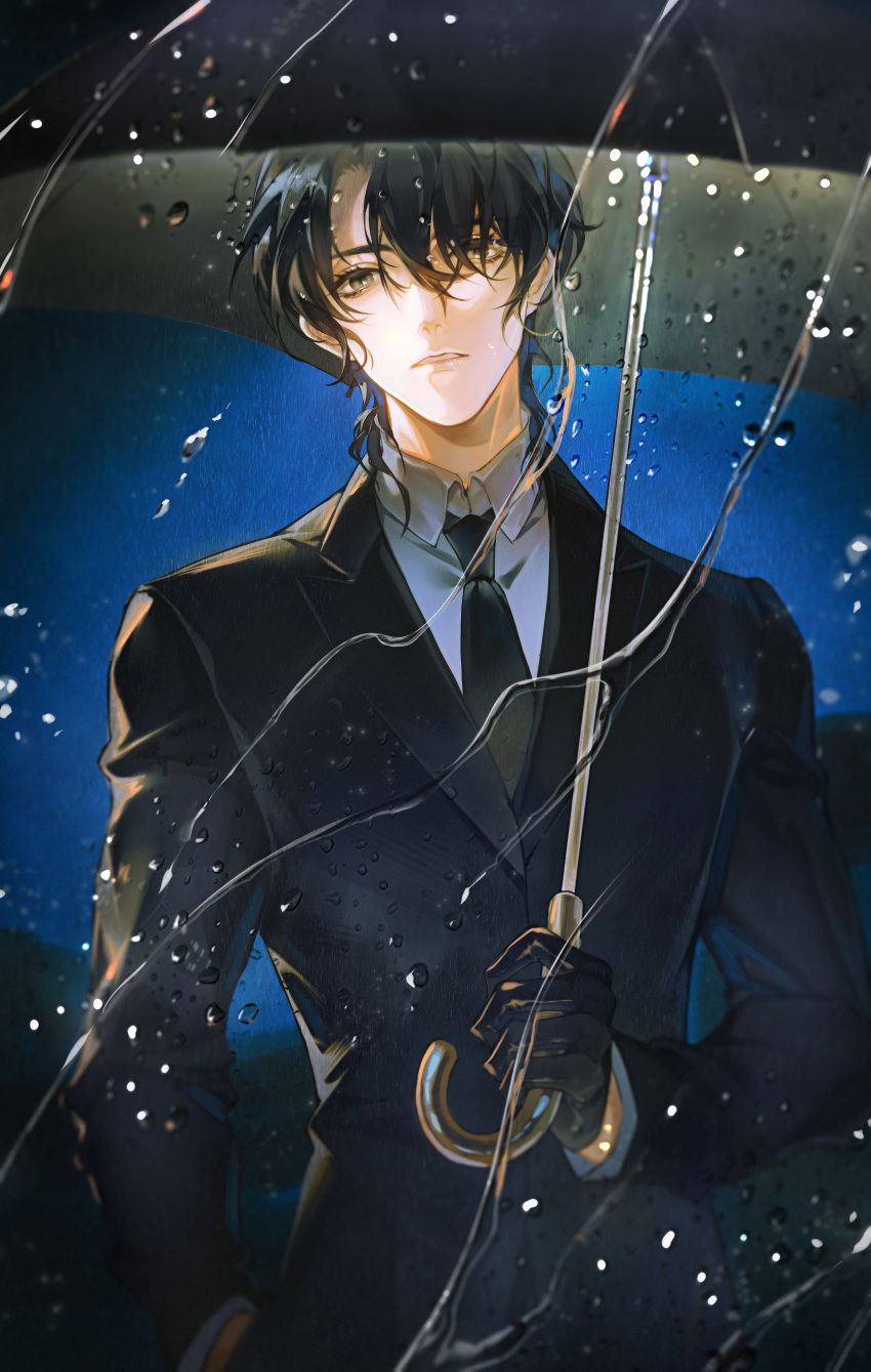 1boy, absurdres, bingxiaojian, bishounen, black_gloves, black_hair, black_jacket, black_necktie