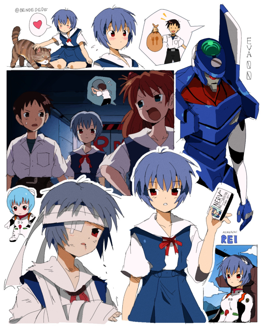 1boy, 2girls, arm_sling, artist_name, ayanami_rei, bag, bandage_over_one_eye, bandaged_arm