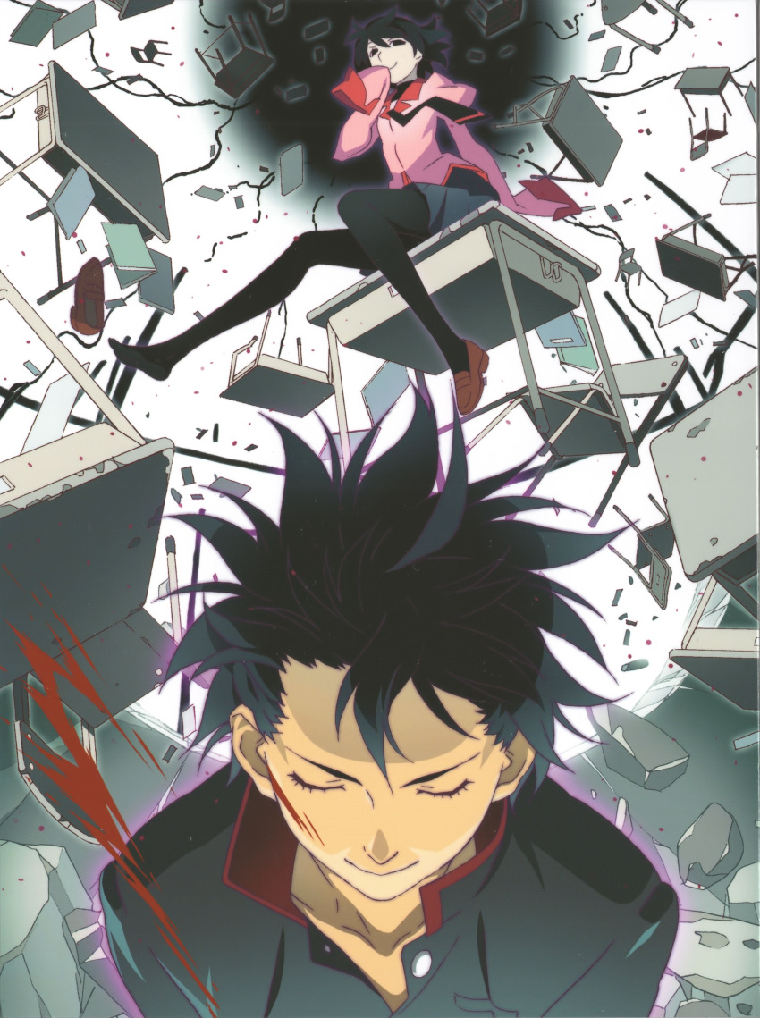 1boy, 1girl, absurdres, araragi_koyomi, artist_request, black_eyes, black_hair, black_jacket