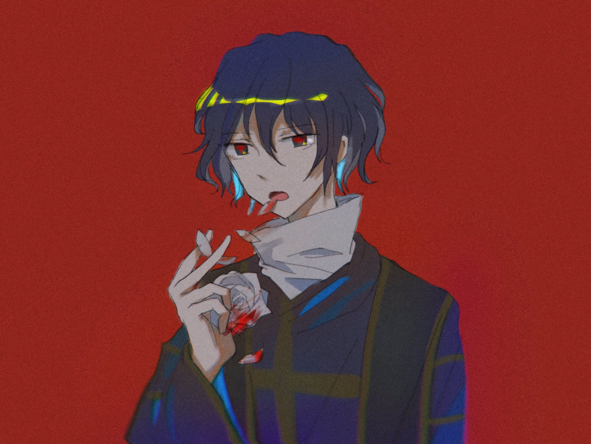 1boy, 21scorpii, black_hair, black_robe, black_sleeves, blood_on_flower, colored_inner_hair, coughing_flowers