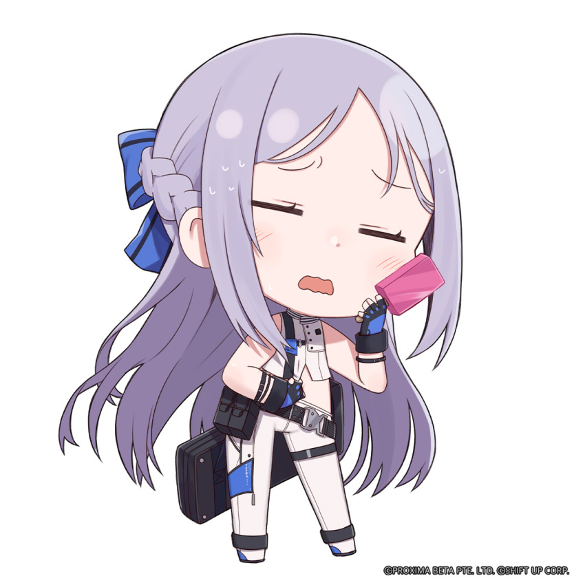 1girl, belt, belt_pouch, black_belt, black_gloves, blue_gloves, blue_ribbon, braid