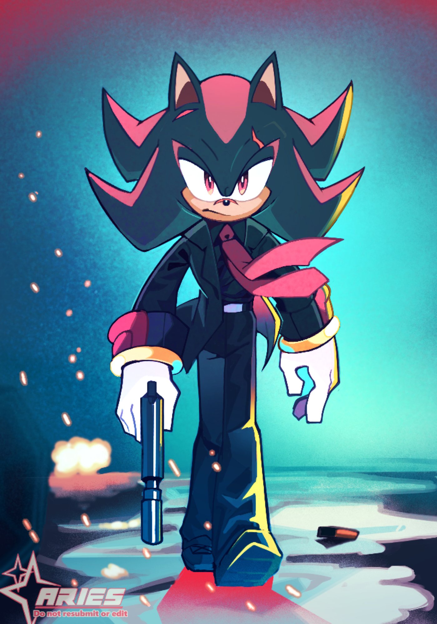 1boy, aqua_background, artist_name, black_footwear, black_fur, black_jacket, black_pants, black_suit